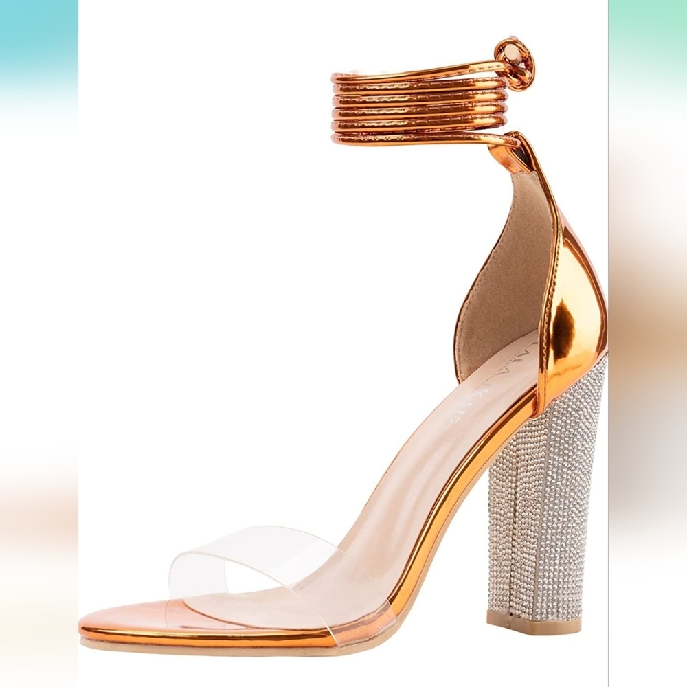 LALA IKAI Gold with Rhinestone Chunky Heels Size 6.5 EUR 37.5